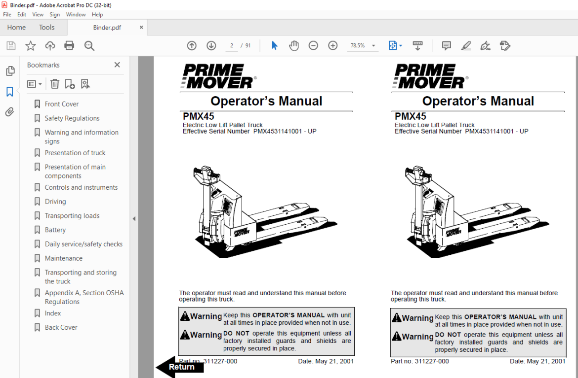 BT Prime-Mover PMX45 Electric Low Lift Pallet Truck Operator’s Manual ...