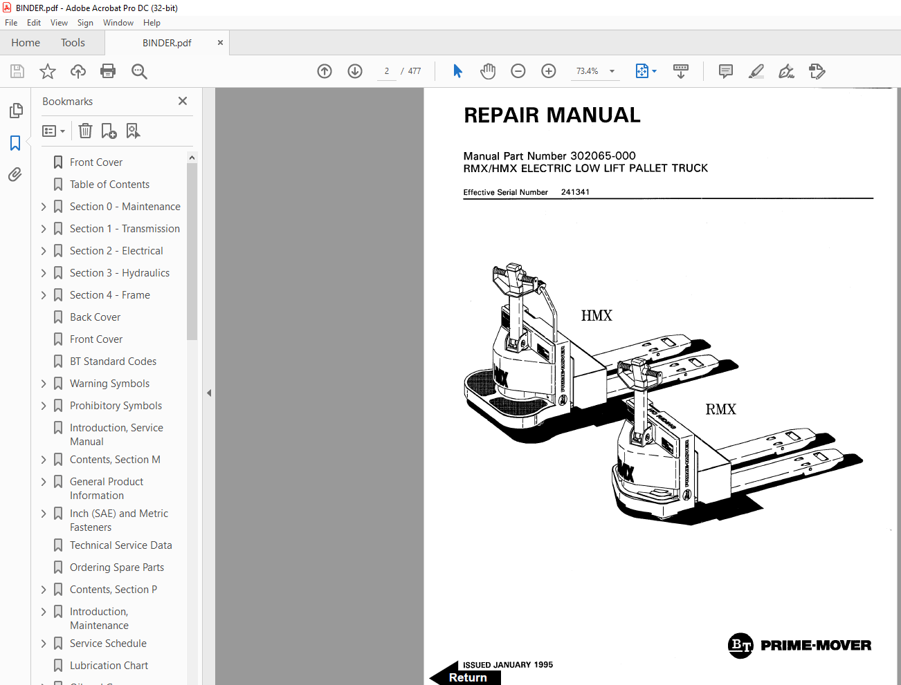 BT Prime-Mover RMX/HMX Electric Low Lift Pallet Truck Service Manual ...