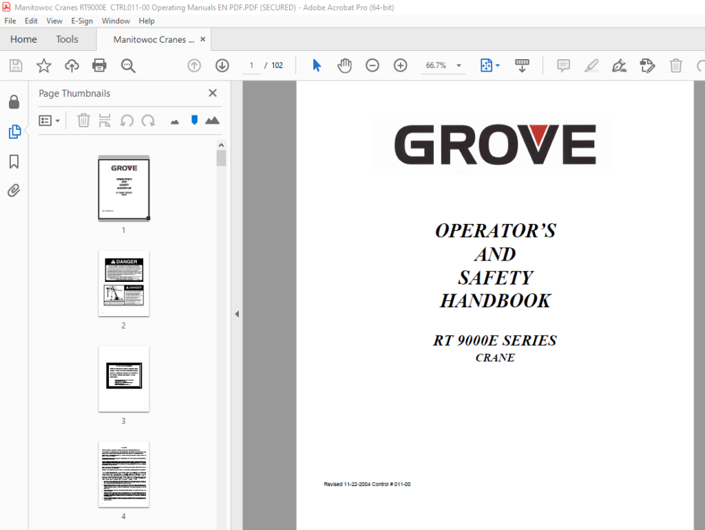 Grove Crane RT 9000E Series Operator's & Safety Handbook Manual PDF ...