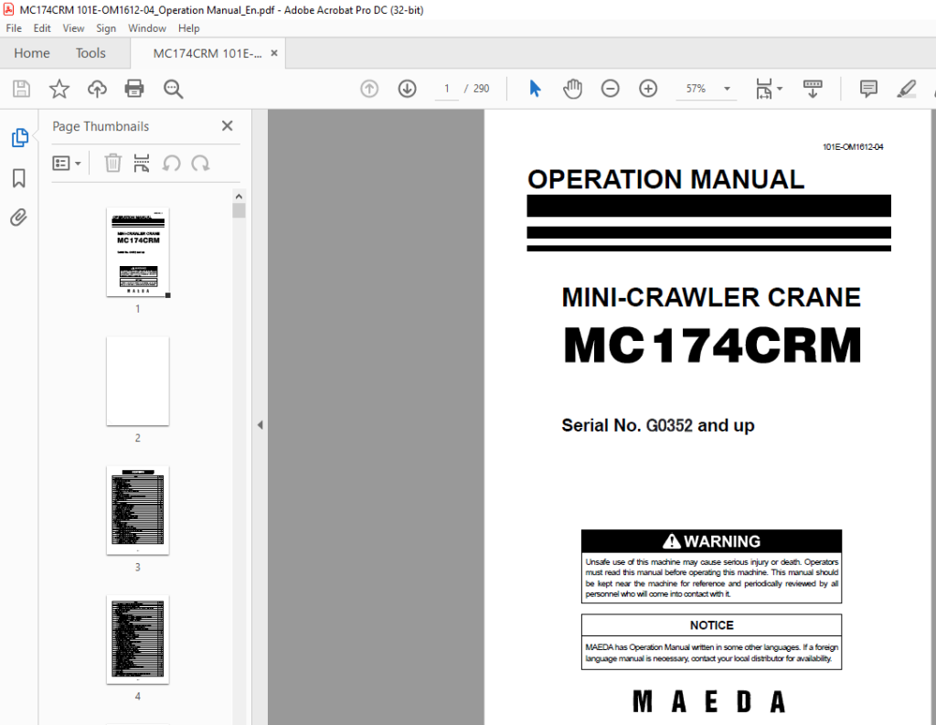 Maeda MC174 CRM MINI-CRAWLER CRANE OPERATION MANUAL - HeyDownloads ...