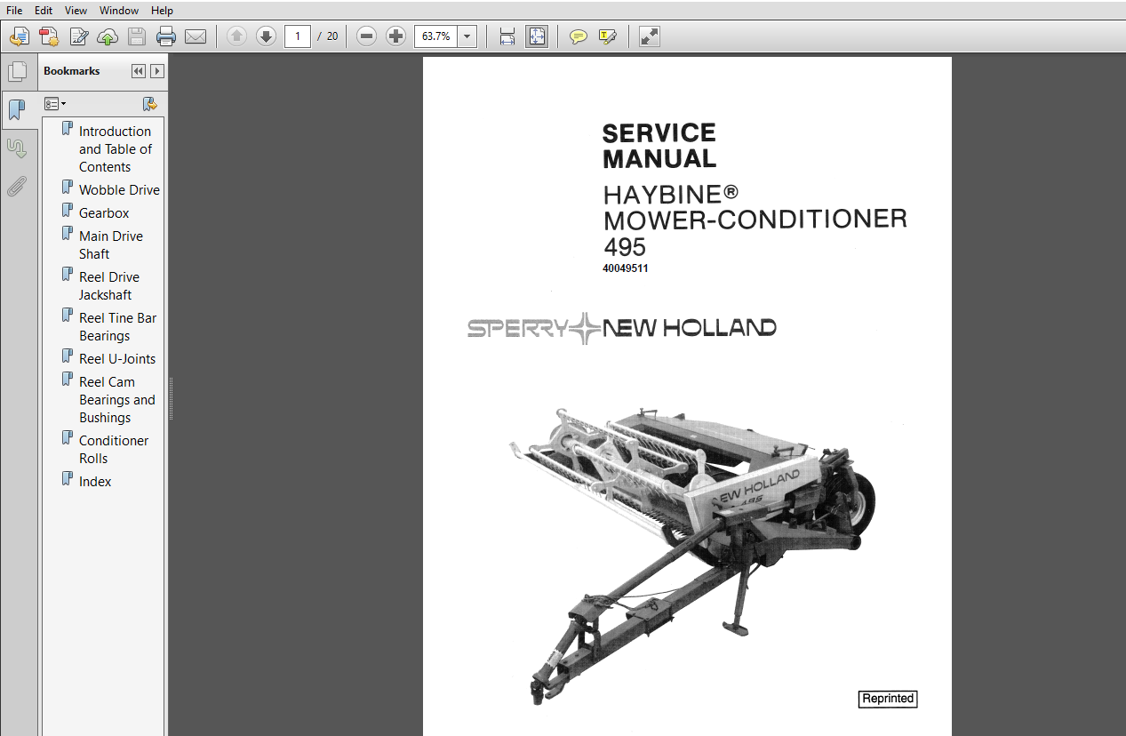 New Holland Haybine 495 Mower-Conditioner Service Manual 40049511 PDF ...