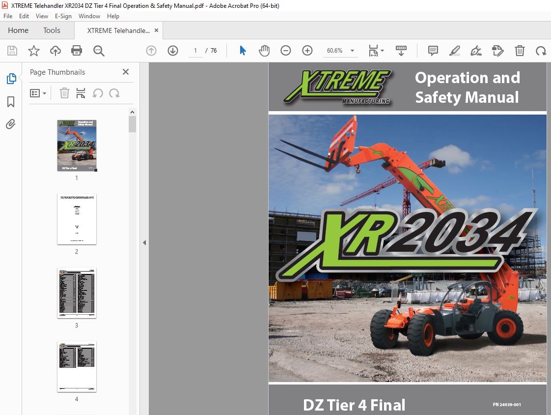 XTREME Telehandler XR2034 DZ Tier 4 Final Operation & Safety Manual PDF ...