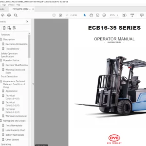BYD Forklift ECB16-35 SERIES OPERATOR MANUAL ECB2017001 PDF
