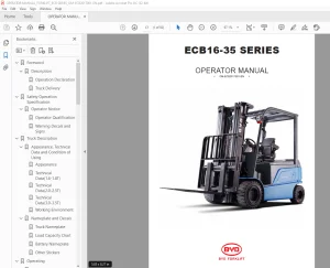BYD Forklift ECB16-35 SERIES OPERATOR MANUAL OM-ECB2017001 PDF