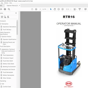 BYD Forklift RTR16 OPERATOR MANUAL RTR162017001 PDF
