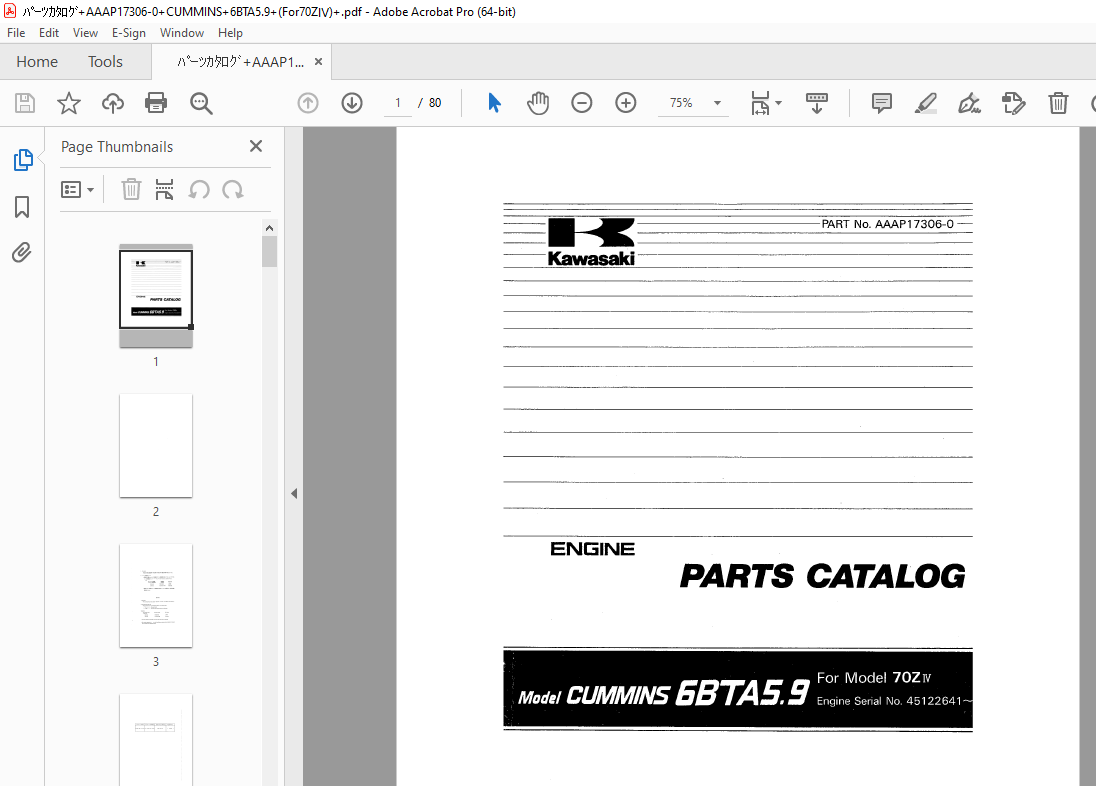 Kawasaki Cummins 6BTA5.9 70ZIV Engine Parts Manual - PDF DOWNLOAD ...