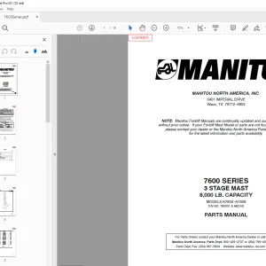 MANITOU 7600 SERIES 3 STAGE MAST PARTS MANUAL S/N NO. 760001 & ABOVE