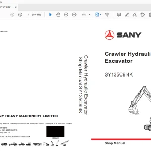 Sany SY135C9I4K Crawler Hydraulic Excavator Service Manual - PDF