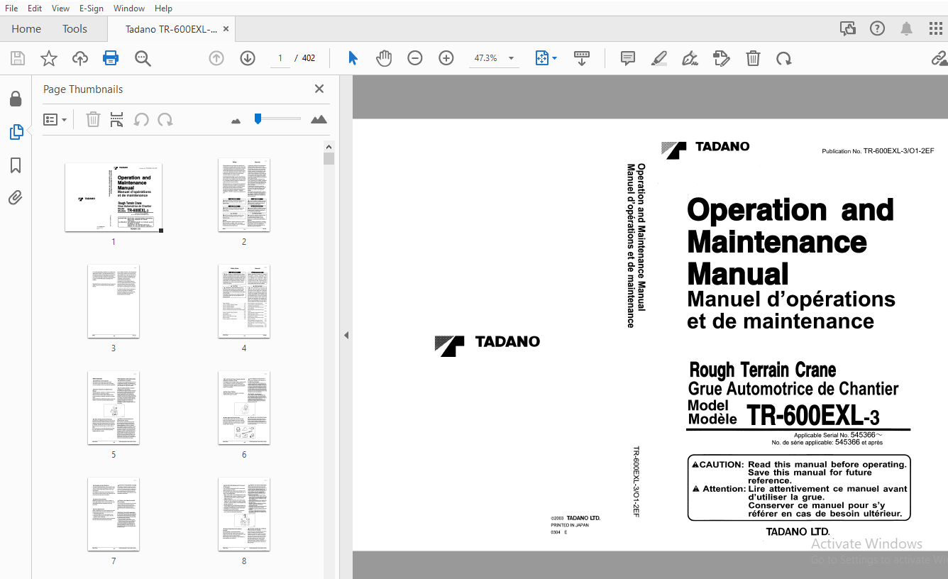 Tadano TR-600EXL-3 Rough Terrain Crane Operation & Maintenance Manual ...