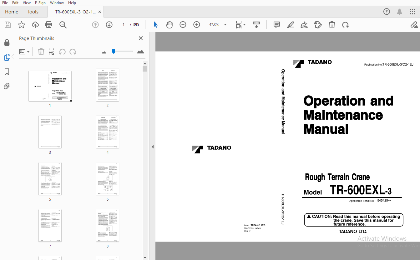 Tadano TR-600EXL-3 Rough Terrain Crane Operation & Maintenance Manual ...