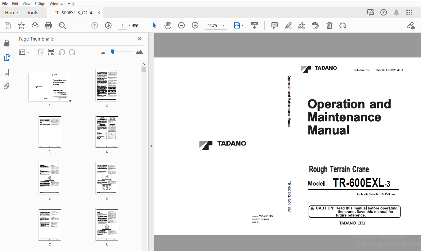 Tadano TR-600EXL-3 Rough Terrain Crane Operation & Maintenance Manual ...