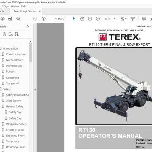 Terex Crane RT130 TIER 4 FINAL & ROW EXPORT Operator's Manual PDF
