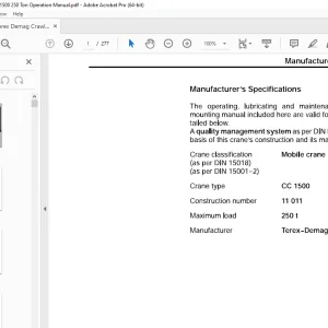 Terex Demag Crawler Crane CC 1500 250 Ton Operation Manual PDF