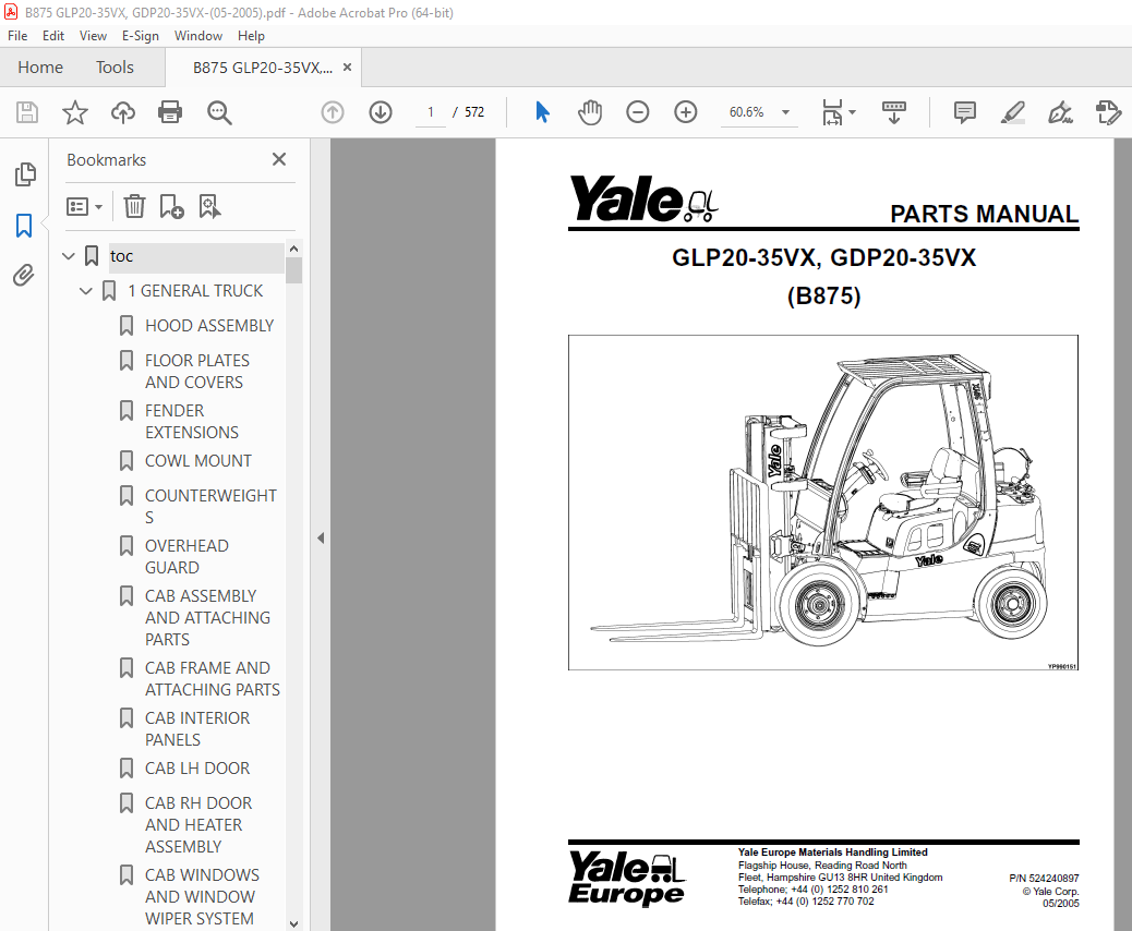 Yale Forklift Glp20 35vx Gdp20 35vx B875 Parts Manual Pn 524240897 Pdf Heydownloads