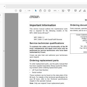 Crown Forklift MPC 3000 Pallet Service Manual - PDF DOWNLOAD