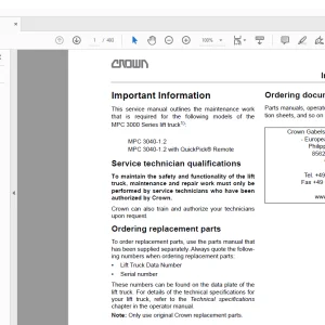 Crown Forklift MPC 3000 Series Pallet Service Manual - PDF DOWNLOAD