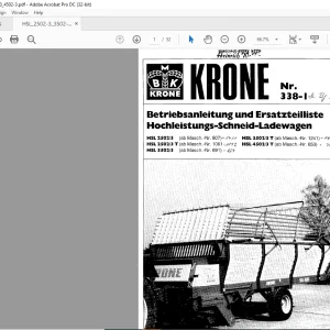 KRONE HSL 2502/3 HSL 2502/3 T HSL 3502/3 HSL 3502/3 T HSL 4502/3 T Betriebsanleitung und Ersatzteilliste Manual