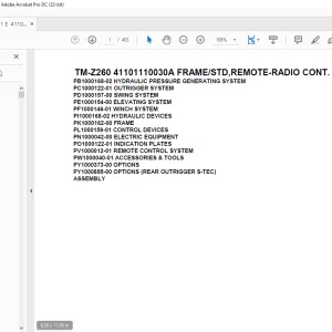 Tadano Cargo Crane TM-Z260 41101110030A FRAMESTD,REMOTE-RADIO CONT.Parts Manual