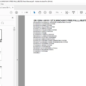 Tadano Crane GR-120N-1-00101 12T,X,WINCH(W/O FREE-FALL),JIB(STD) Parts Manual PDF