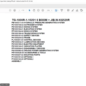 Tadano Truck Crane TG-1000R-1-10201 6 BOOM + JIB,W-KG520R Parts Manual PDF