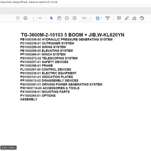 Tadano Truck Crane TG-3600M-2-10103 5 BOOM + JIB,W-KL620YN Parts Manual PDF