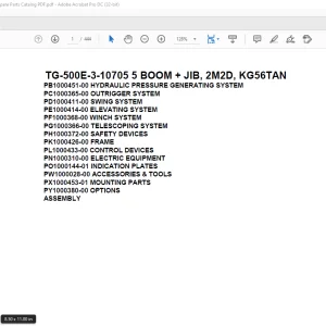 Tadano Truck Crane TG-500E-3-10705 5 BOOM + JIB, 2M2D, KG56TAN Parts Manual PDF