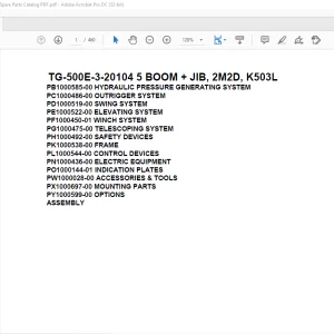 Tadano Truck Crane TG-500E-3-20104 5 BOOM + JIB, 2M2D, K503L Parts Manual PDF