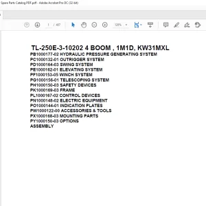 Tadano Truck Crane TL-250E-3-10202 4 BOOM , 1M1D, KW31MXL Parts Manual