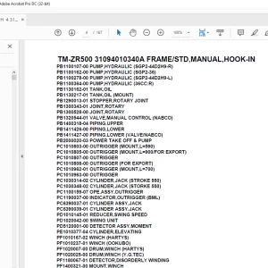 Tadano Cargo Crane TM-ZR500 31094010340A FRAMESTD,MANUAL,HOOK-IN Parts Manual - PDF