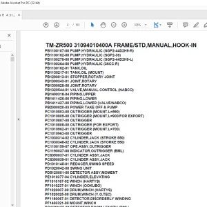 Tadano Cargo Crane TM-ZR500 31094010400A FRAMESTD,MANUAL,HOOK-IN Parts Manual – PDF