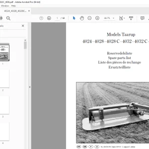 Kverneland Taarup 4024 4028 4028 C  4032 4032 C 4036 Mower Parts Manual PDF