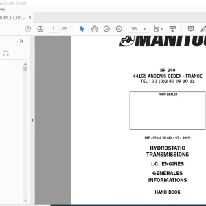 Manitou I.C. ENGINES HYDROSTATIC TRANSMISSIONS HAND BOOK Manual  - PDF DOWNLOAD
