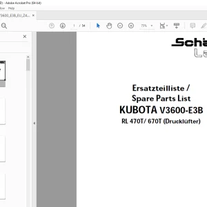 Schaffer Lader Kubota V3600-E3B RL 470T RL 670T Parts Manual PDF