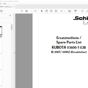 Schaffer Lader Kubota V3600-T-E3B RL 690T / 5090Z Parts Manual PDF