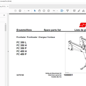 Stoll FC 350L FC 350H FC 350P FC 450H FC 450P Frontloader Parts Manual SN 1000001 PDF