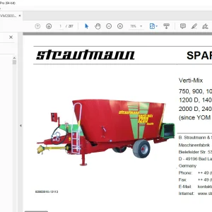 Strautmann Verti-Mix 750, 900, 1050, 1250, 1450, 1200 D, 1400 D, 1700 D, 2000 D, 2400 D, 2800 D Parts Manual PDF