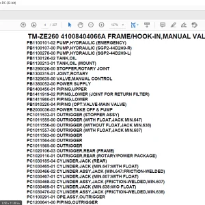 Tadano Crane TM-ZE260 41008404066A FRAMEHOOK-IN,MANUAL VALVE,WITH RJ Parts Manual - PDF