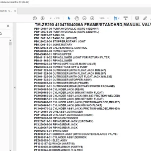 Tadano Crane TM-ZE290 41047504006A FRAME/STANDARD,MANUAL VALVE,WITH RJ Parts Manual -PDF