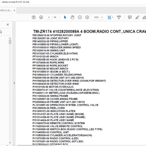 Tadano Crane TM-ZR174 41028200089A 4 BOOM,RADIO CONT.,UNICA CRAWLER Parts Manual