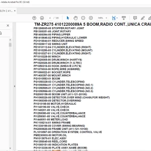 Tadano Crane TM-ZR275 41012200089A 5 BOOM,RADIO CONT.,UNICA CRAWLER Parts Manual
