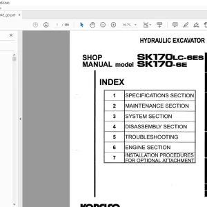Kobelco SK170LC-6ES SK170-6E Hydraulic Excavator Shop Manual S5YM0004E PDF