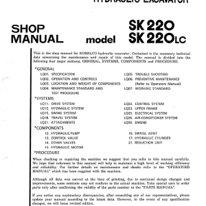Kobelco SK220 SK220 LC Excavator Shop Manual PDF