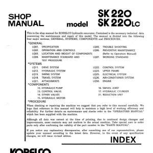 Kobelco SK220 SK220 LC  Excavator Shop Manual PDF