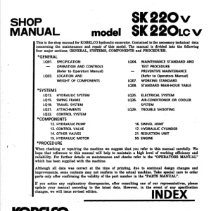 Kobelco SK220V SK220LC V Excavator Shop Manual PDF