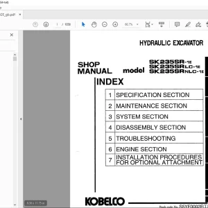 Kobelco SK235SR-1E SK235SRLC-1E SK235SRNLC-1E Excavator Shop Manual PDF