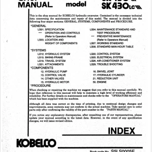 Kobelco SK430 SK430 LC Hydraulic Excavator Shop Manual S5LS0005E PDF