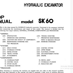 Kobelco SK60 Hydraulic Excavator S5LE0005E Shop Manual PDF