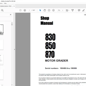 Komatsu 830 850 & 870 MOTOR GRADER Shop Manual CEBMG58041 PDF