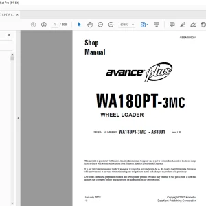 Komatsu Avance Plus WA180PT-3MC Wheel Loader Shop Manual CEBM005201 PDF