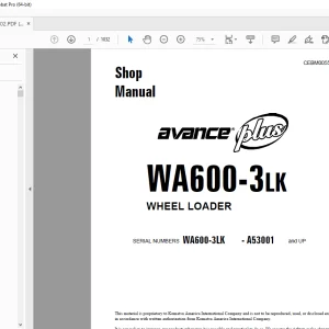 Komatsu Avance Plus WA600-3LK Wheel Loader Shop Manual CEBM005502 -  PDF